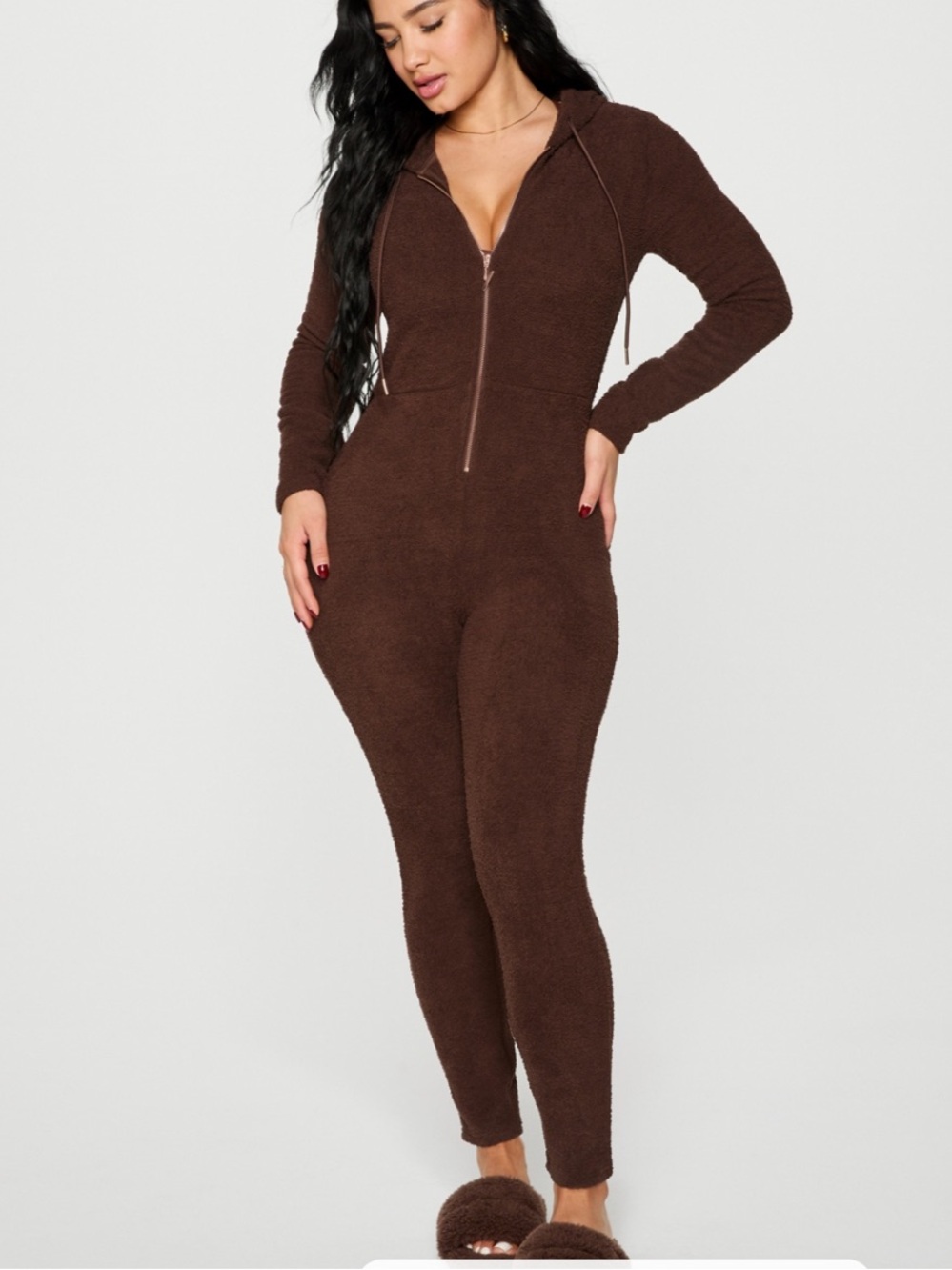 YITTY Plush Zip-Up Hooded Jumpsuit in Chocolate Brown
